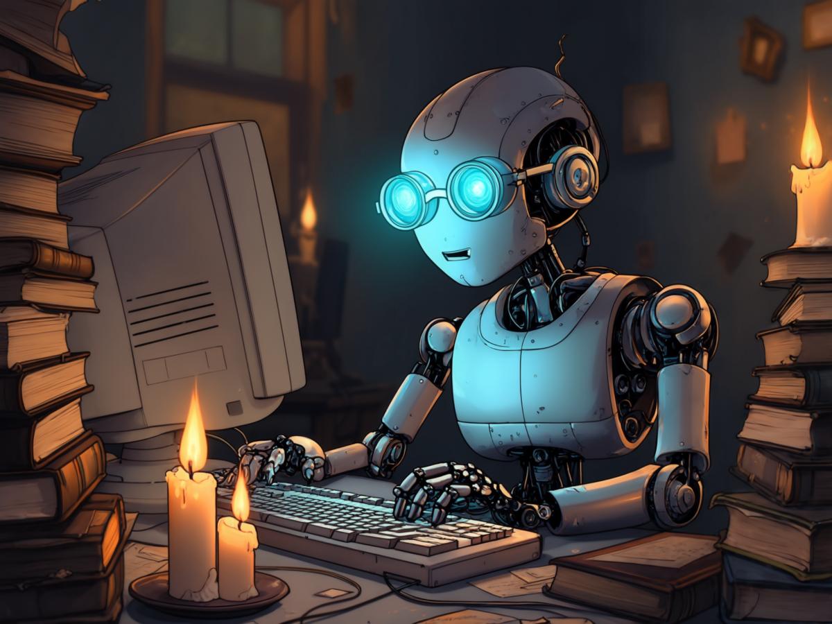 Robot on typing on a computer in a candle lit room